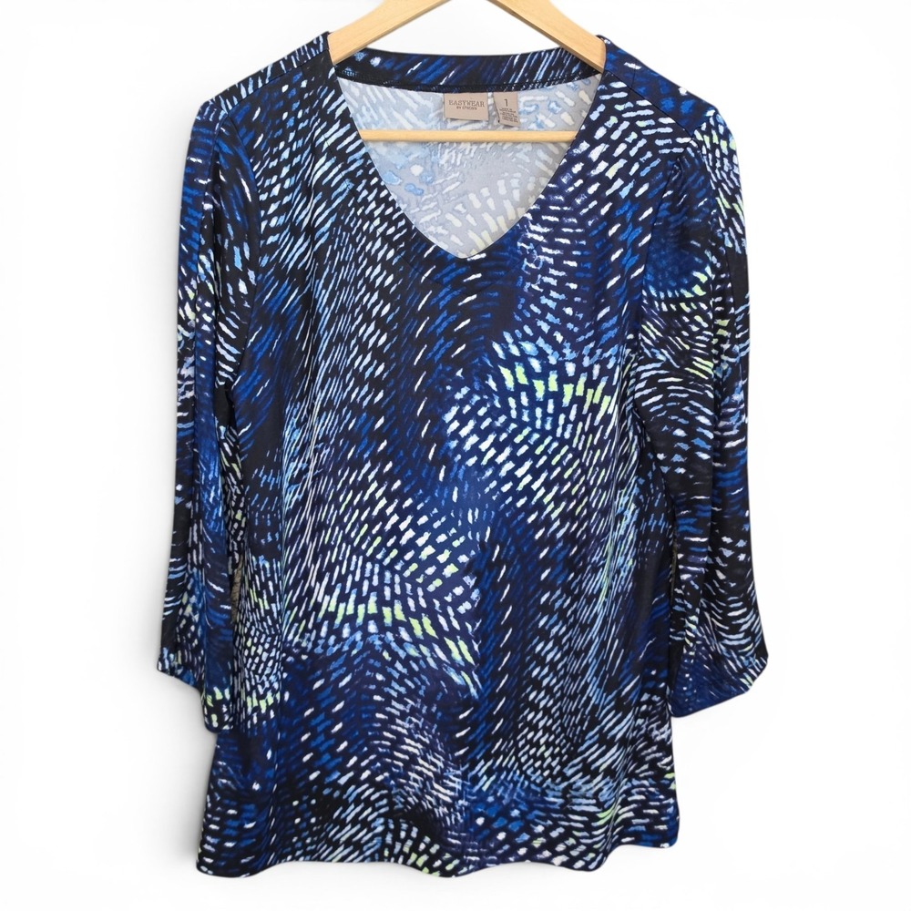 Chicos Top Womens 1 US Medium Blue Easywear V Neck Stretch Tunic 3/4 Sleeve